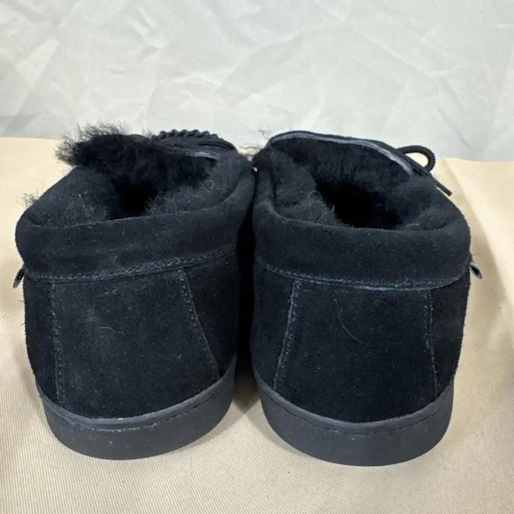 BEARPAW Mens 8 Black Suede Moccasin Slippers Fur Lined Tie Indoor Outdoor